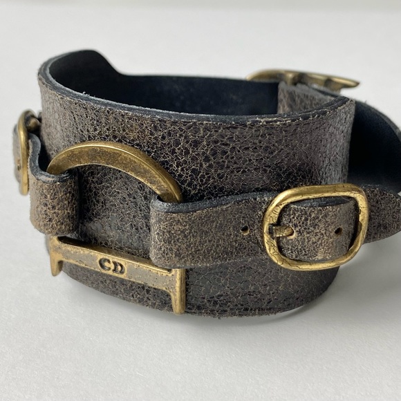 VTG Christian Dior Brown Leather Bronze Saddle D Charm Belt Buckle Logo Bracelet - Picture 13 of 15